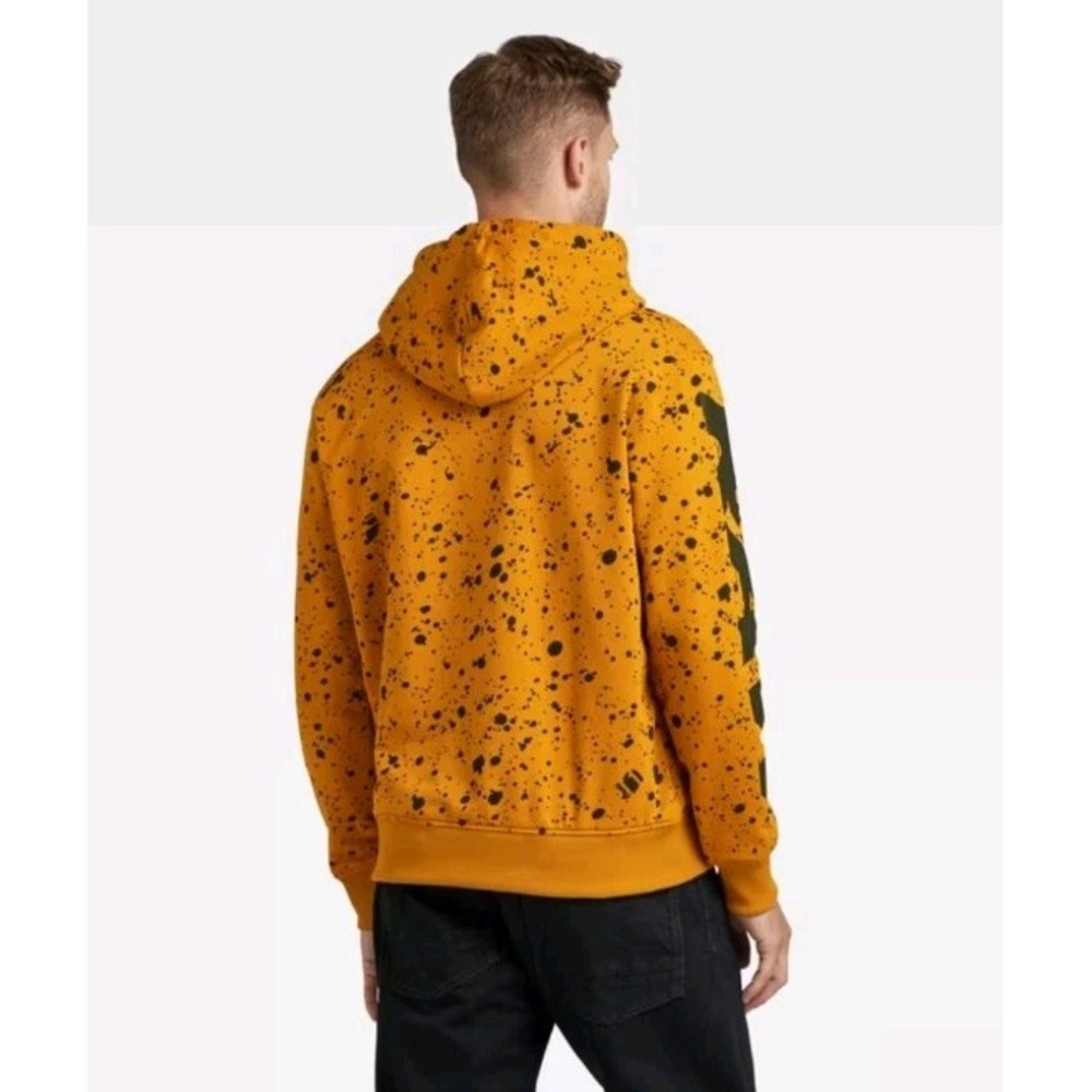 G-Star RAW Splatter Hoodie Mens Large Orange Kangaroo Pockets Streetwear Skater